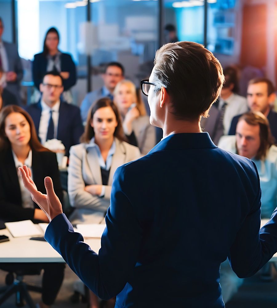 Executive presenting thought leadership to a room of professionals